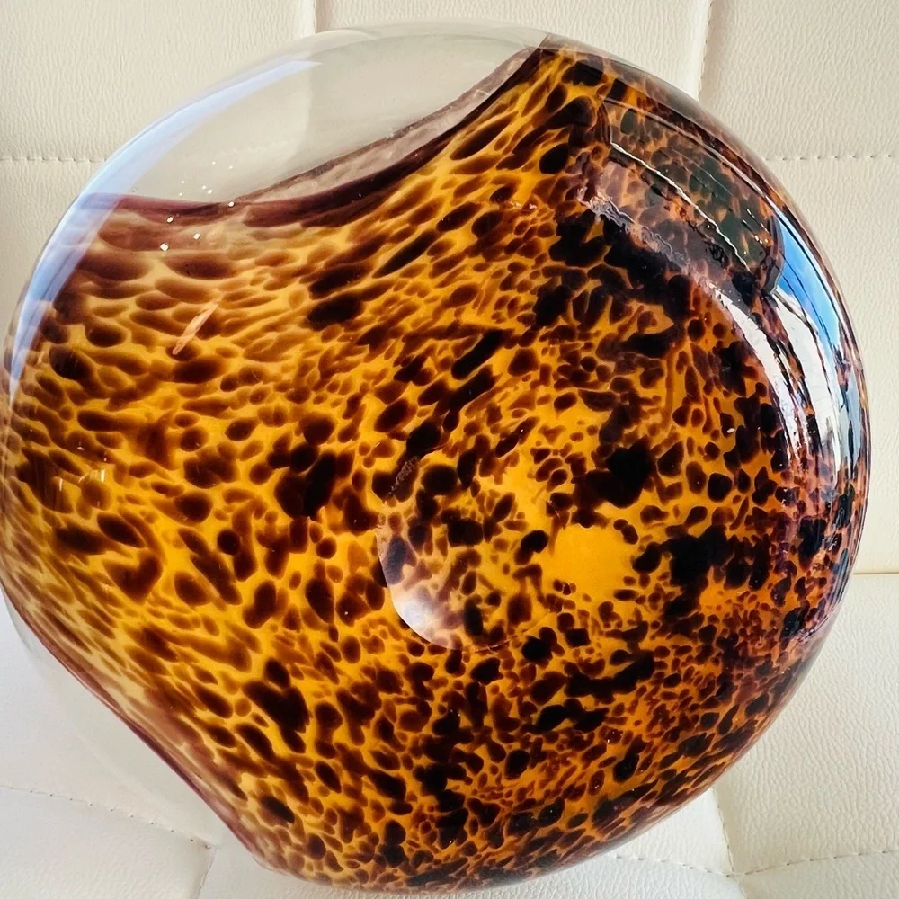 Murano Style Art Glass Vase Tortoiseshell Brown Amber Hand Blown